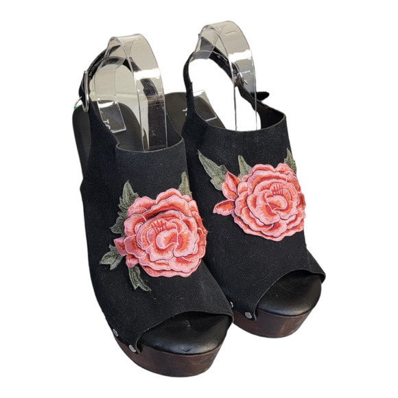 Torrid Embroidered Applique Rose Wooden Wedge Platform Slingback Sandals Black - Picture 2 of 14